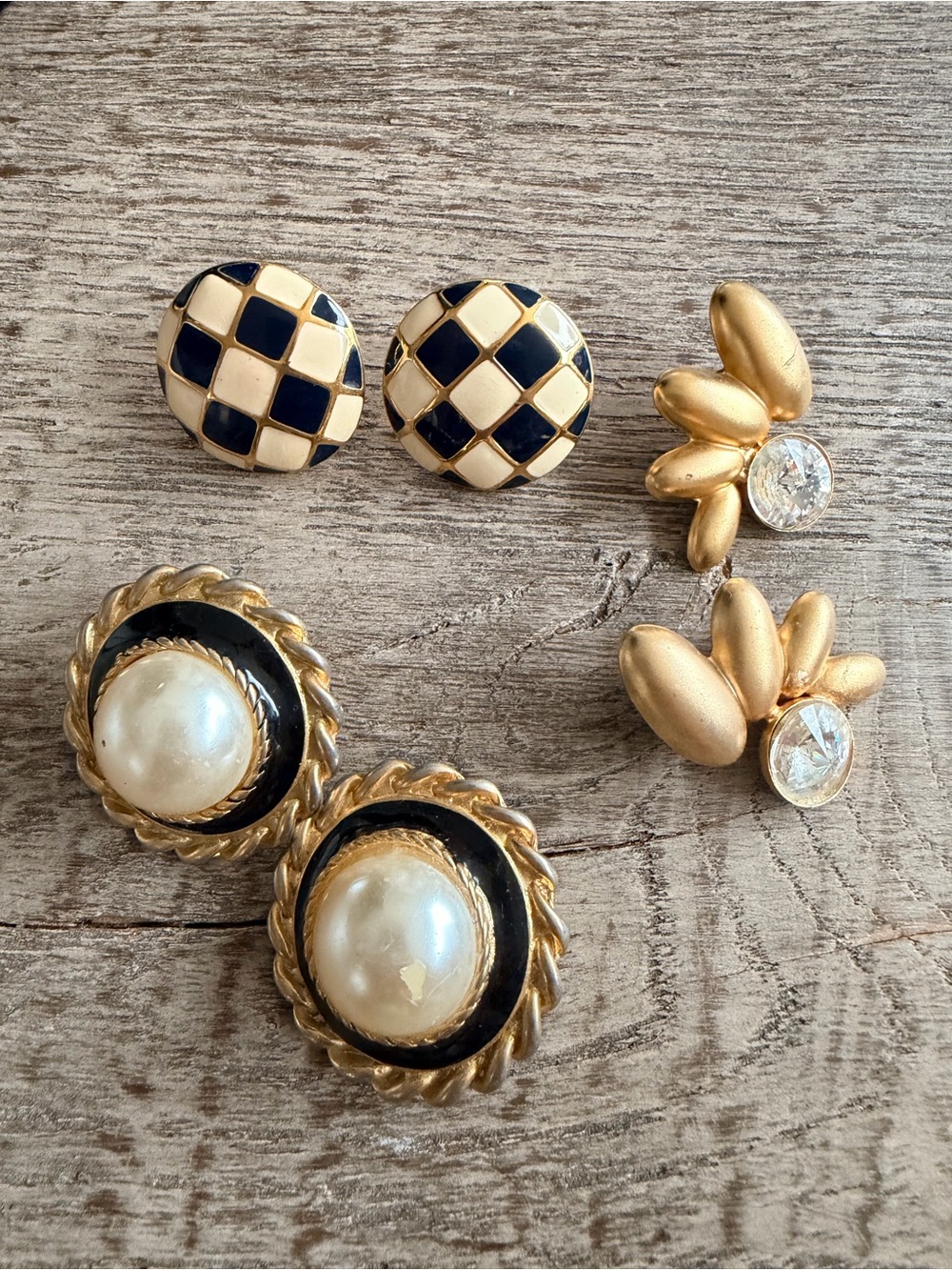 Vintage Black, Cream and Gold Mixed-Style Earring Set pierced ears 80’s